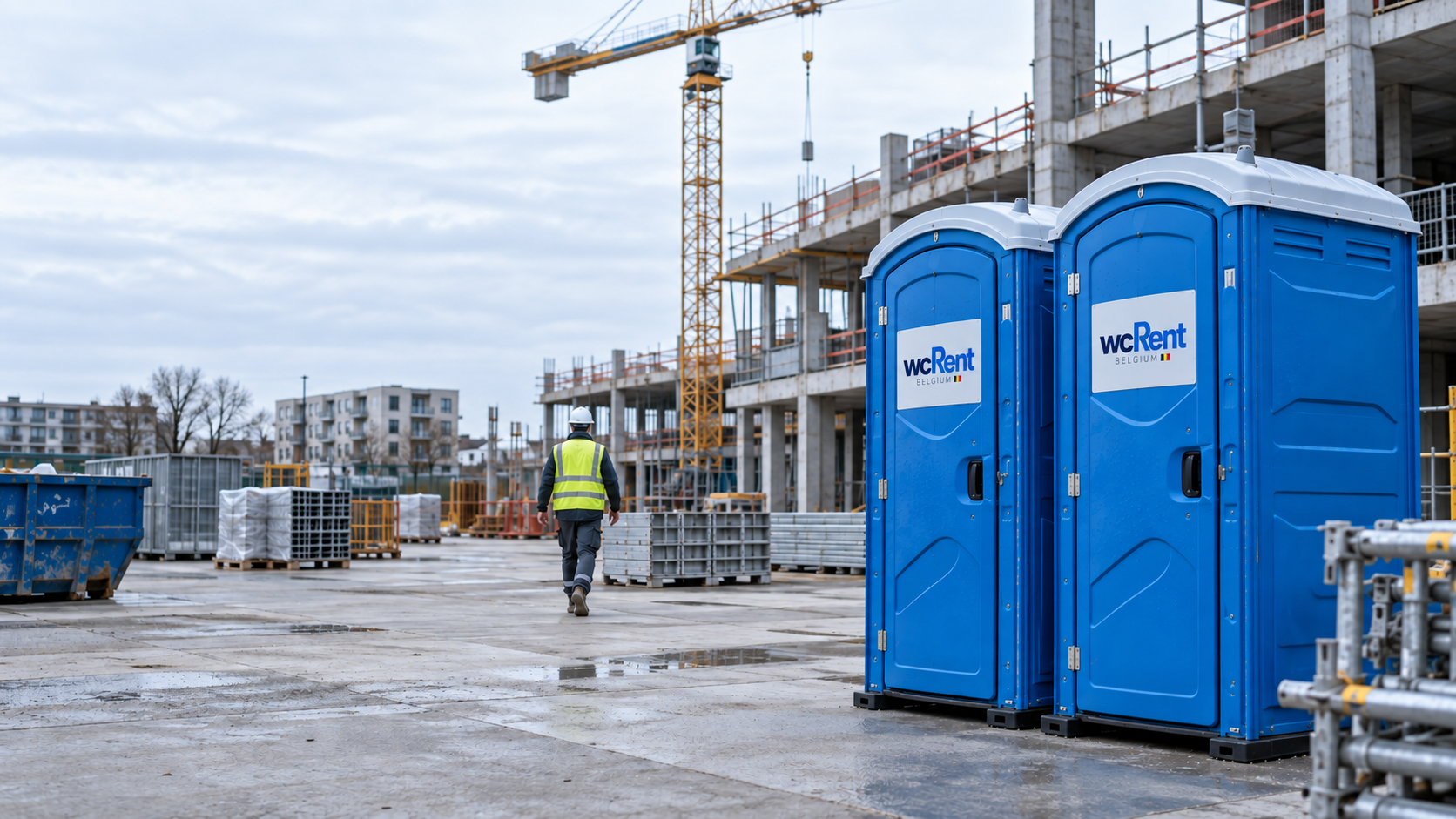 Cabine sanitaire mobile WC Rent Belgium installée sur un chantier